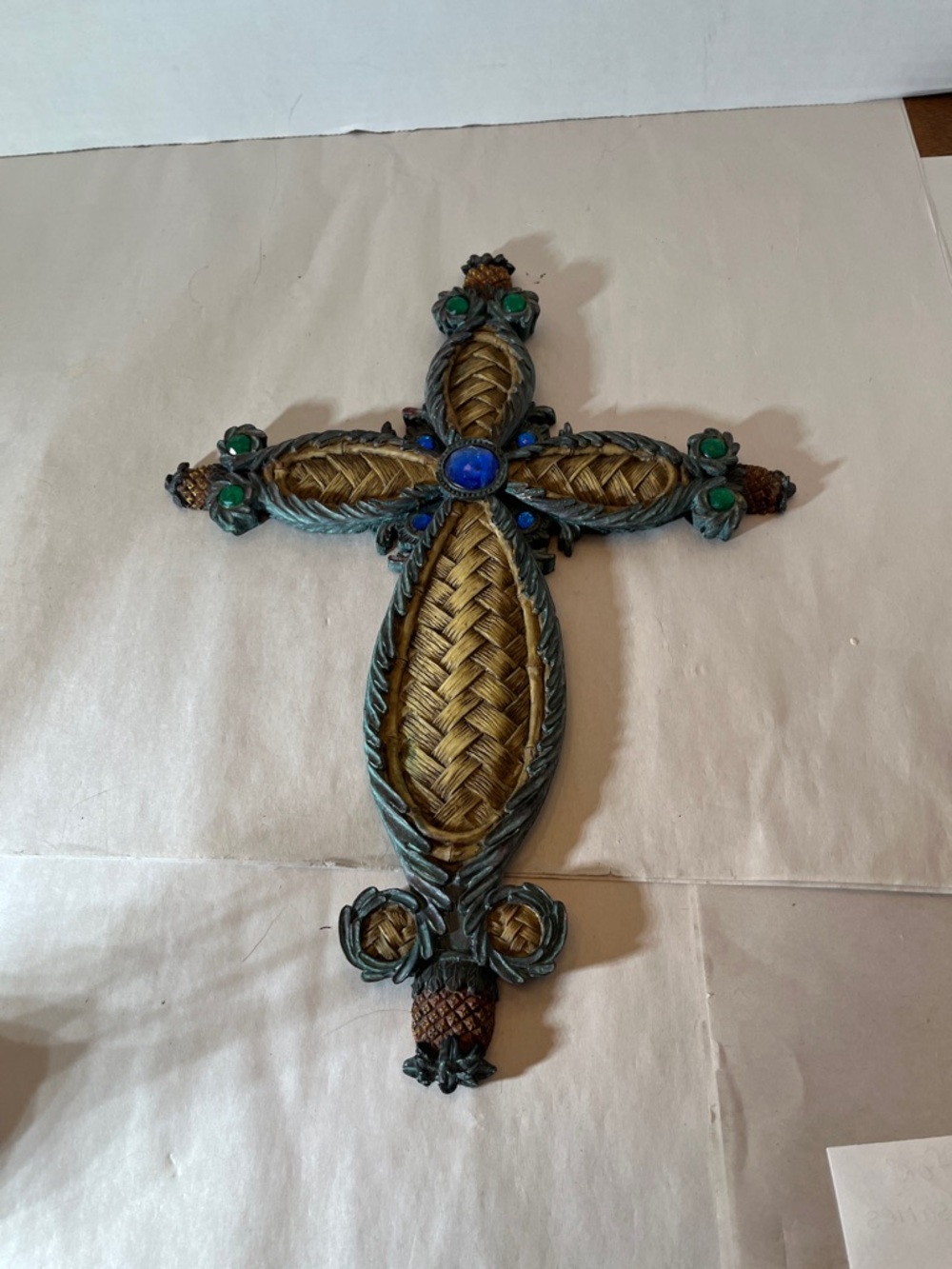 Decorative Woven Straw Cross with Blue and Green Accents resin